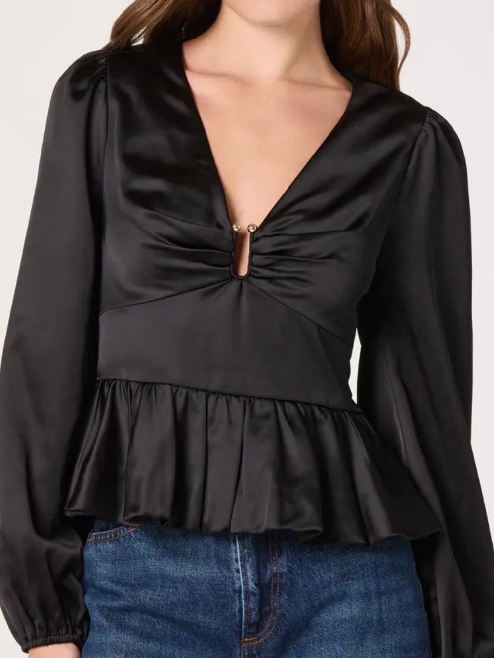 Astr Satin Black Long-Sleeve Peplum Top